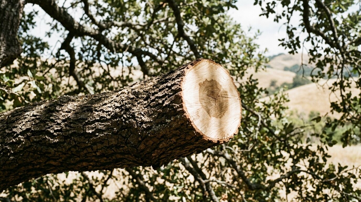 Illustrated — close-up of a freshly cut oak limb end against the canopy