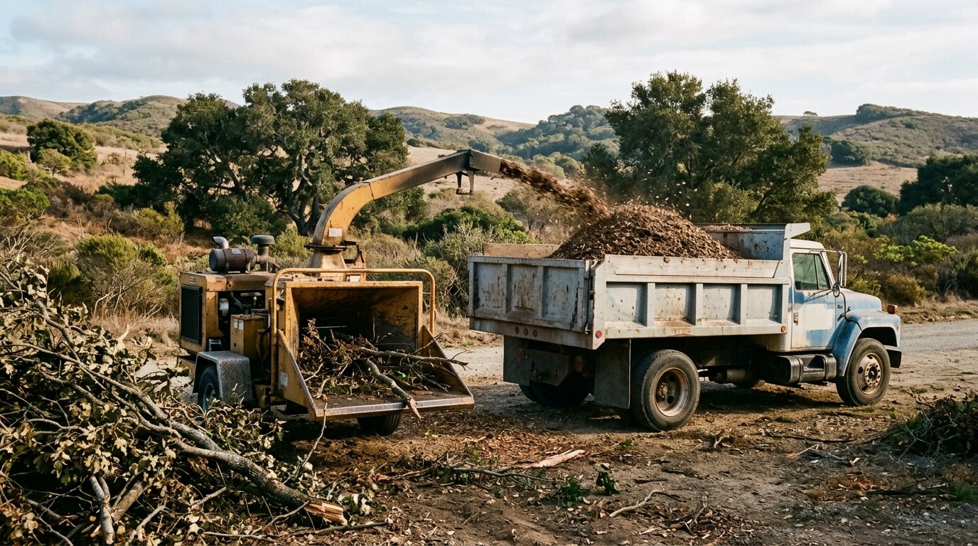 Illustrated — a wood chipper blowing chips into a dump truck, a brush pile in front