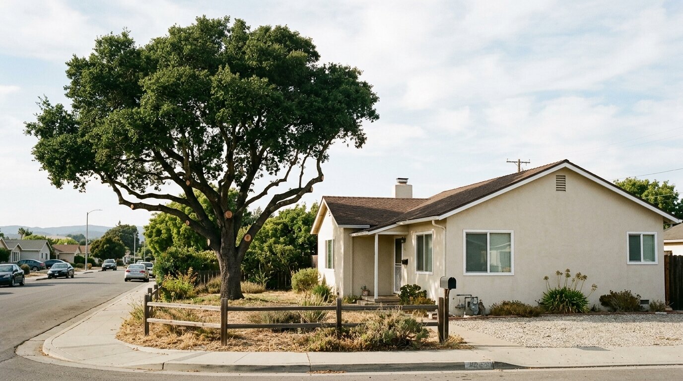 Illustrated — a corner-lot oak with fresh cuts on its lower limbs, a rail fence around it, beside a single-story stucco house