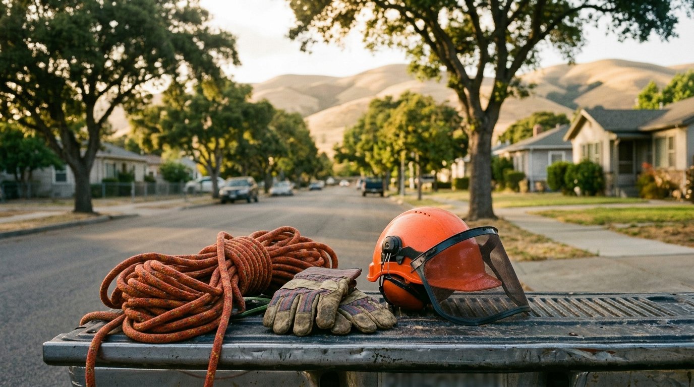 Illustrated — a coiled climbing rope, work gloves and an orange helmet with a mesh face shield on a pickup tailgate, a residential street with oaks and dry hills behind